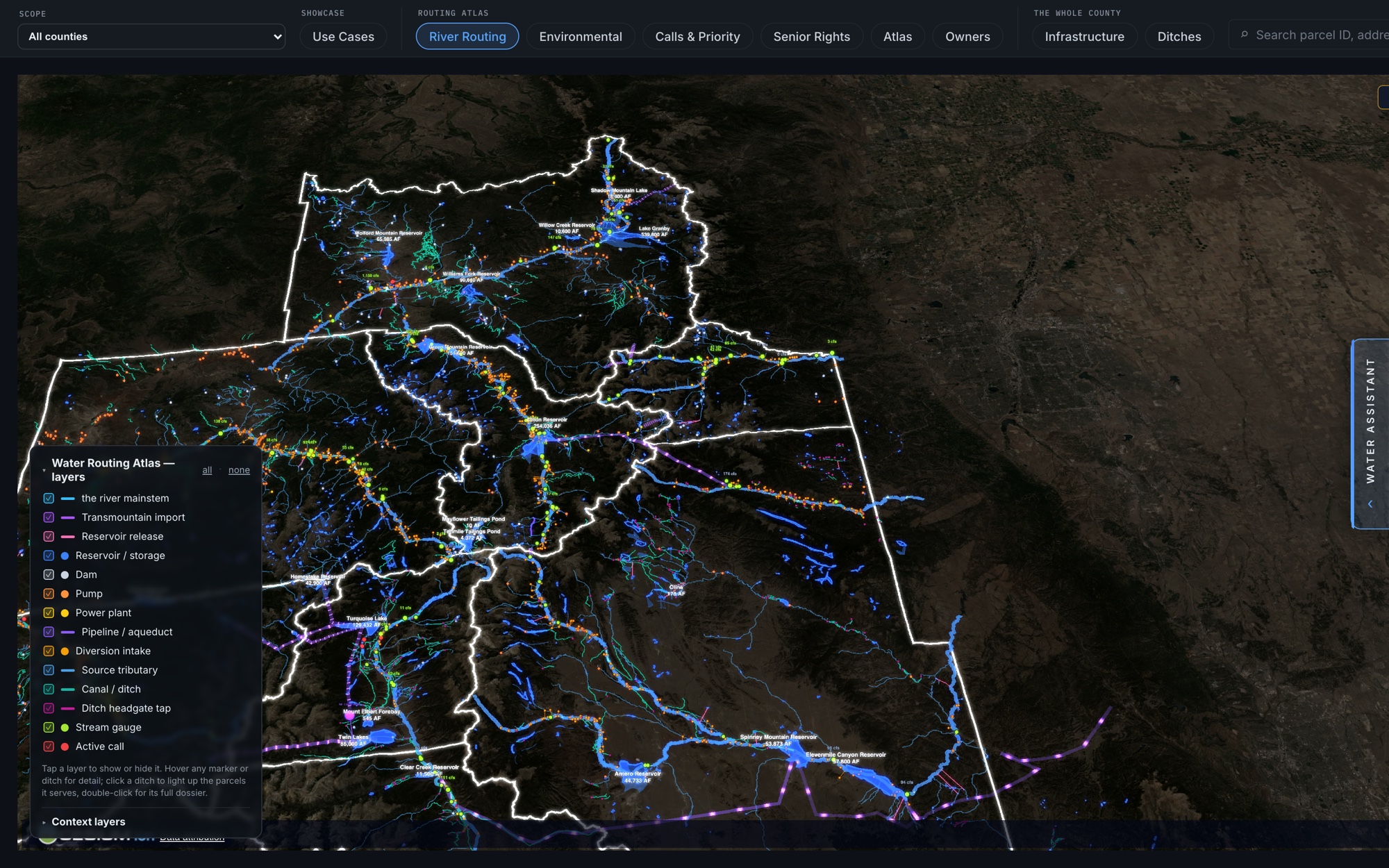 The Ark-GARI Water Routing Atlas: the full nine-county water network across all Water Divisions — rivers, reservoirs, canals, diversions, and stream gauges — drawn over satellite terrain.